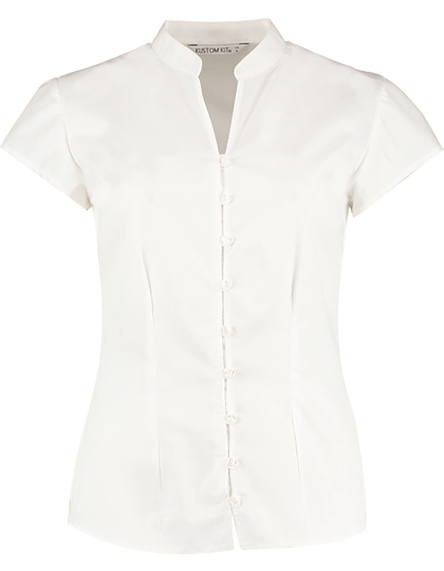 Tailored Fit Poplin Contintental Blouse Mandarin Collar Cap Sleeve Kustom Kit K727